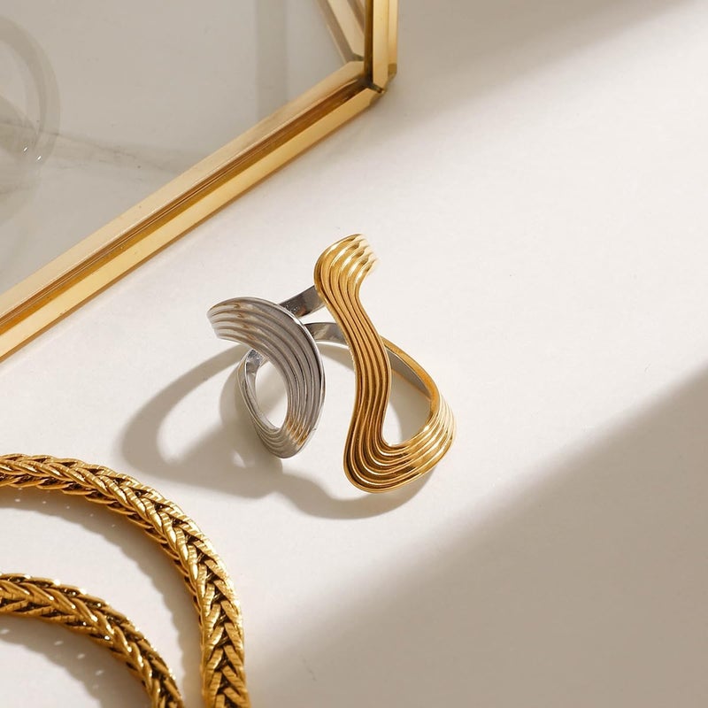 AiTURE Chunky Rings For Women, Gold Silver Thumb Ring Asymmetrical Wavy Curve Ring Adjustable Non Tarnish Dainty Stainless Steel New Year Anniversary Birthday Jewelry Gift - Image 2